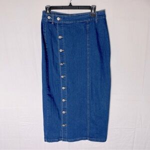 Retro Button Front Blue Jean Denim Midi Pencil Skirt L Boho Cottagecore Modest